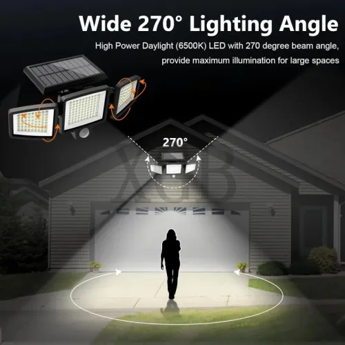 Solar Outdoor Lights Remote Control 3 Heads Motion Sensor Lights IP65 Waterproof 270 Wide Angle Flood Wall Lights with 3 Modes