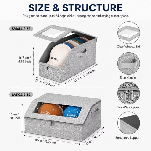 2pcs Stackable Baseball Cap Organizer Boxes-Large Capacity,Foldable Fabric Storage Boxe with Clear Lid&Metal Handles for Clothes,Hats