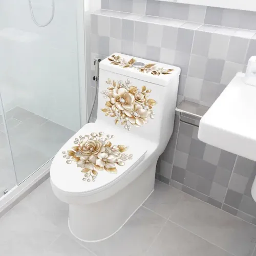 1 or 2pc  Luxury Gold Pearl Floral Toilet Sticker Waterproof Self-Adhesive Bathroom Decor Sticker Wall Stickers Home Decoration Stickers