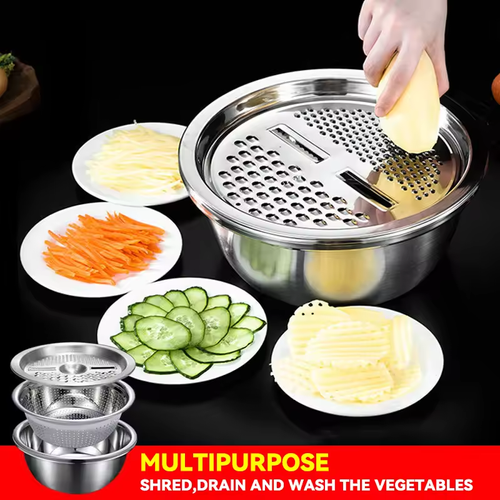 All In 1 Multi-Functional Kitchen Draining Basket Set 3pcs Stainless Steel Filter Pot Vegetable Chopper Fruit Slicer Cutter