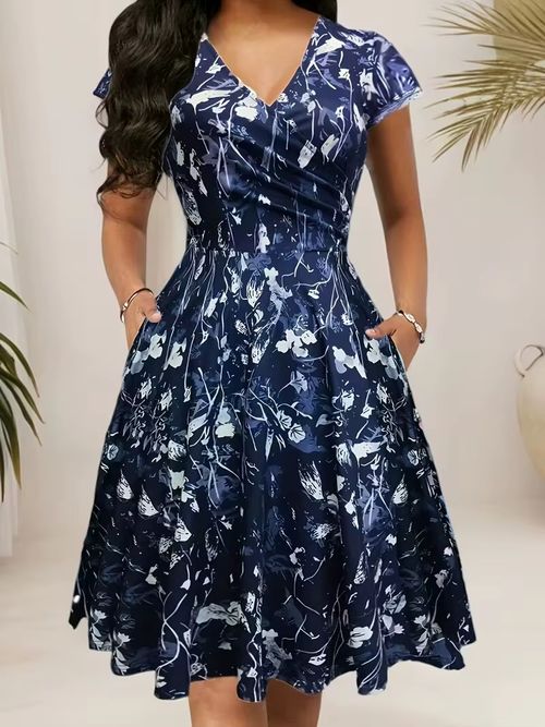 Elegant Fashionable V-neck Printed Short Sleeve Long Dress plus Size Women's Dress Summer 2026 Knitted Floral Street Style