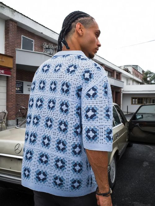 Men's Summer Cool Knitted Short-Sleeve Shirt Baby Blue Boho Vacation Casualwear Loose Fit Collared Button Closure All-Over Print