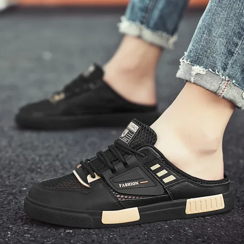 New Canvas Shoes Mesh Half Tray Shoes Men's Summer Lazy Slippers Fashionable Hollow Breathable