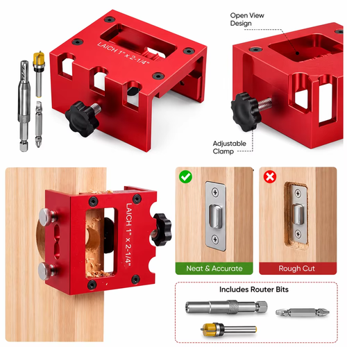 🔧Aluminum Alloy Door Lock Mortising Jig Adjustable Clamping Red Finish Lock Installation Jig Router Bit Set