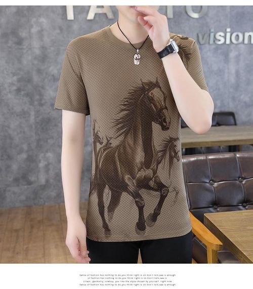 Men's Ice Silk Crew-Neck Short-Sleeve Tee with Horse Print