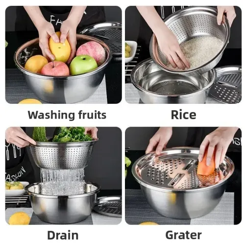 3pcs Kitchen Kit with Stainless Steel Multifunctional Mixing Bowl Vegetable Slicer - Suitable for Cleaning and Slicing Fruits