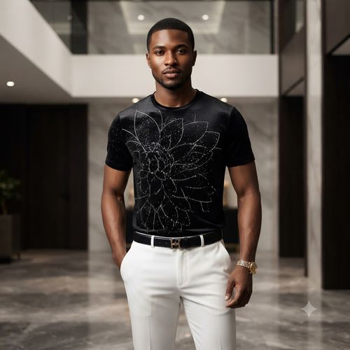 Men's Breathable T-Shirt with Rhinestone Lotus Design