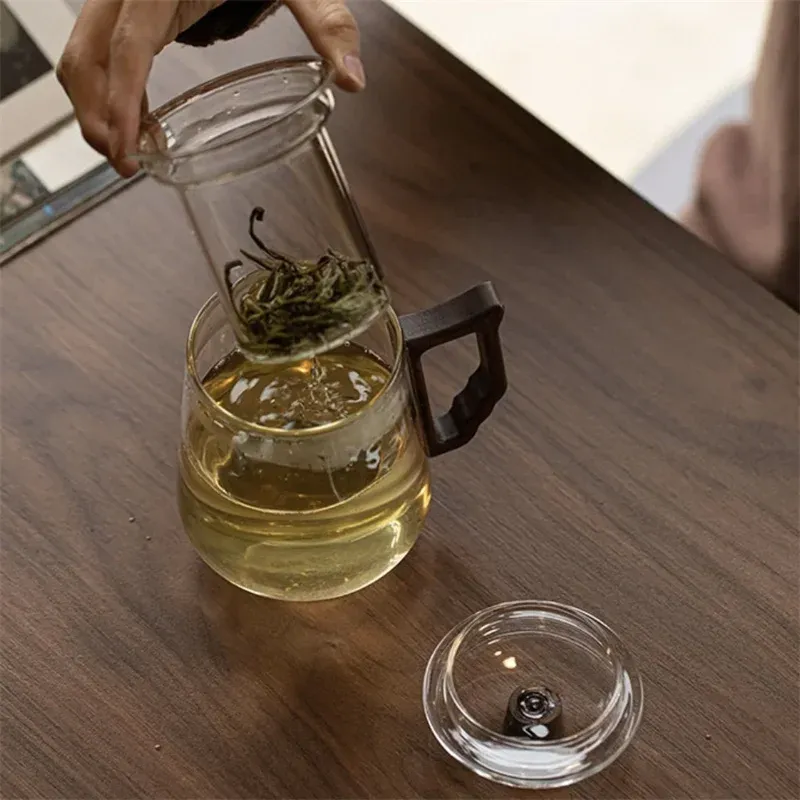 500ml Glass Tea Mug With Wood Handle Chinese Heat Resistant Puer Filter Cups Kung Fu Brewing Oolong Puer Tea Cup Set