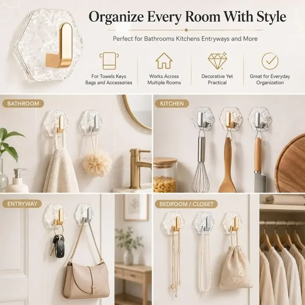 20Pcs Hexagonal Shape Self Adhesive Hooks Water Ripple Texture Waterproof Adhesive Hooks Heavy Duty Rustproof No Drill Hooks