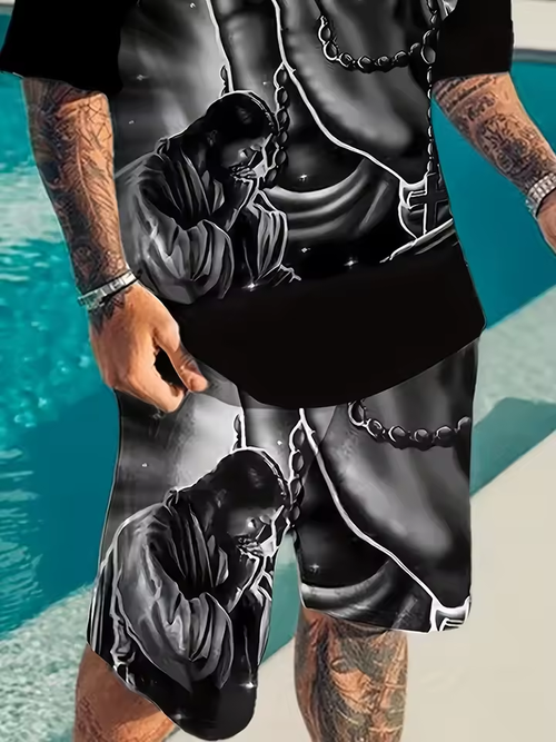 Summer 2026 new men's casual set, street fashion and comfortable T-shirt, 3D digital print pattern, outdoor sports running short（1 set）