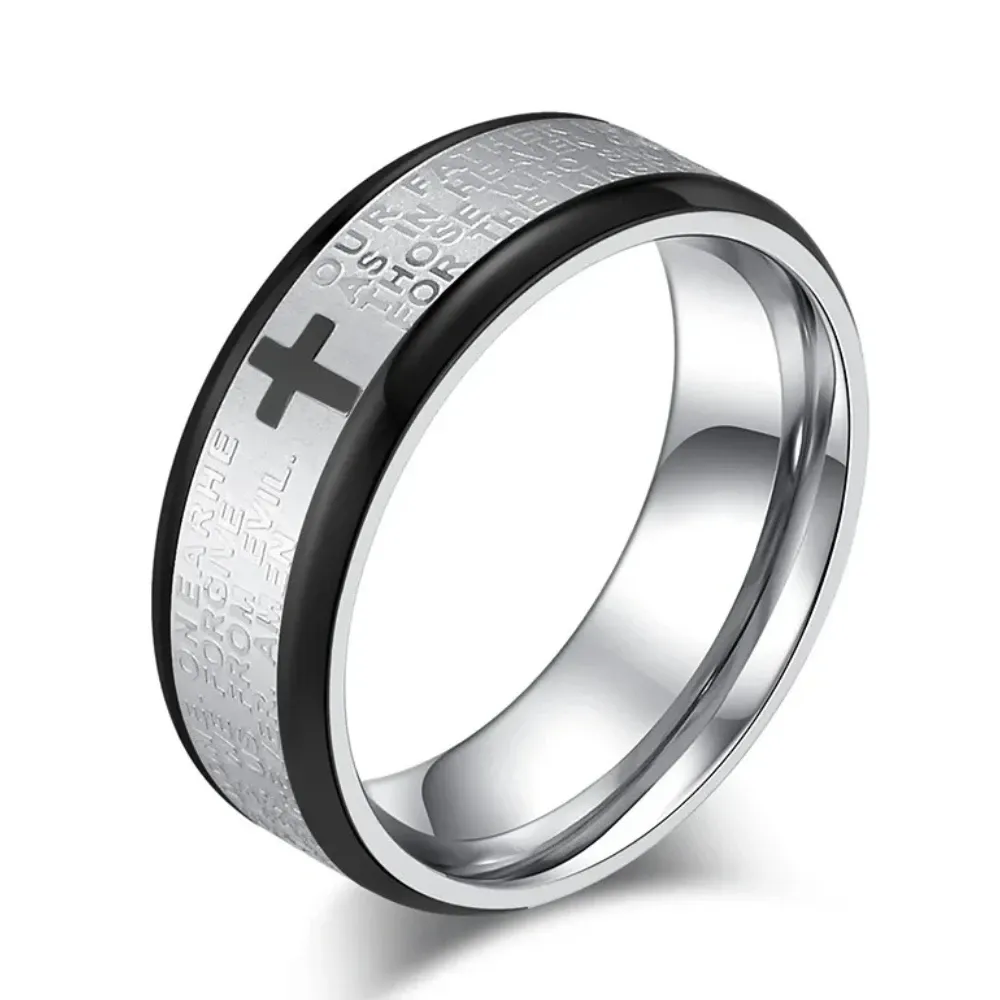 Vintage Cross Scripture Ring Fashionable Men's Stainless Steel Prayer Talisman Rings Catholic Faith Jewelry Gifts