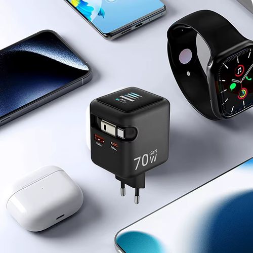 3 IN 1 GaN Charger with Retractable Cable 70W PD3.0 QC4.0 PPS 2 Type-C Travel Fast Charger