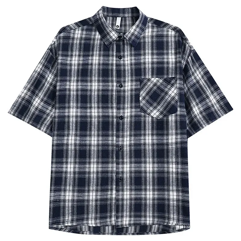 Retro Cleanfit Plaid Short Sleeve Shirt Men Summer Loose Casual Brushed High Street Checkered Shirt Trendy Polyester