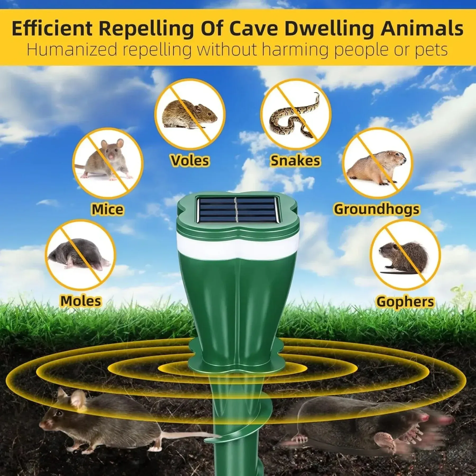 Solar Mole Repellent Spikes, Waterproof Lawn Garden Stakes, Effectively Repel Moles, Voles, Gophers, Chipmunks