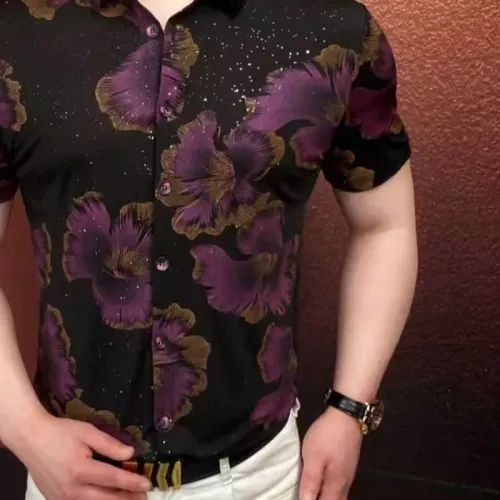 Summer Flower Print Rhinestone Shirt for Men Slim Fit Short Sleeve Casual Shirts Versatile Social Business Streetwear Shirt 2026
