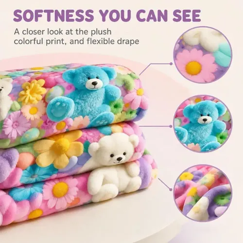 Teddy Bear Flannel Nap Blanket Floral Egg Pastel Print Flannel Blanket Soft Comfortable Air Conditioning Blanket
