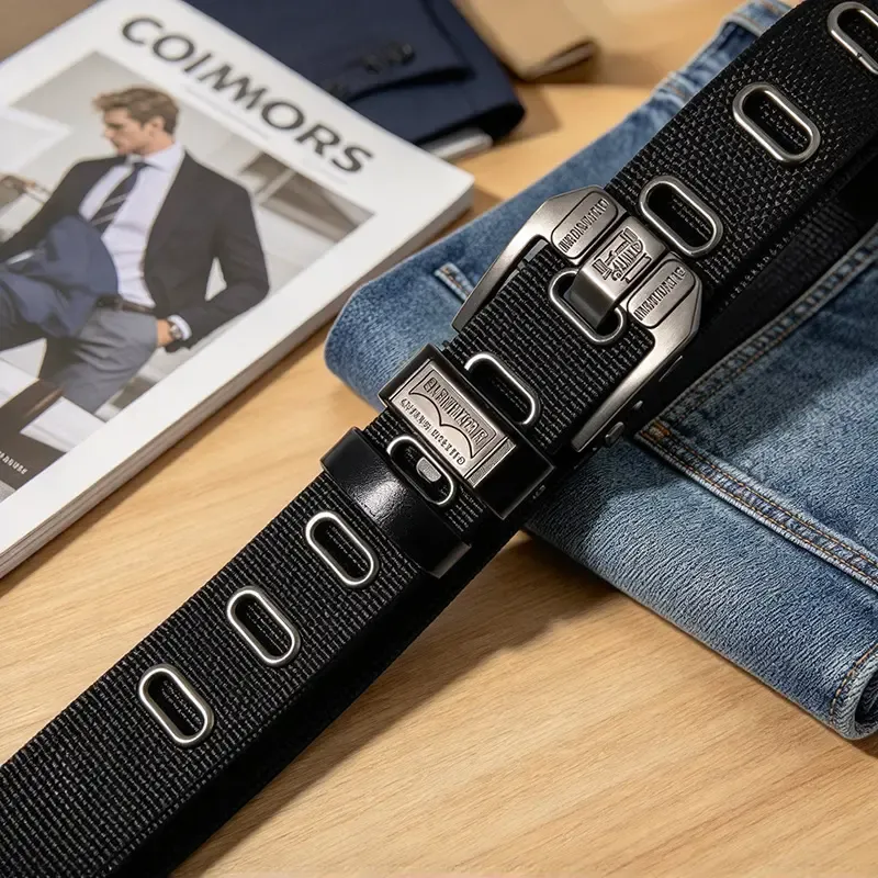 Buckle-Free Men's Belt, Holeless Strap, Large Square Alloy Buckle with Brass Accents, Cotton-PU Leather Strap, Durable Flexible Slip-On, Versatile Fashion Belt, Trendy Holiday Present