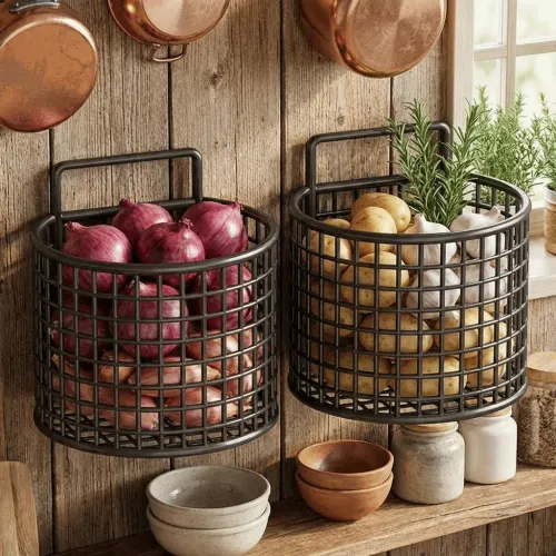 Wall Mounted Storage Basket No Punching Space Saving Garlic Ginger Hanging Basket Iron Large Capacity Kitchen Shelf