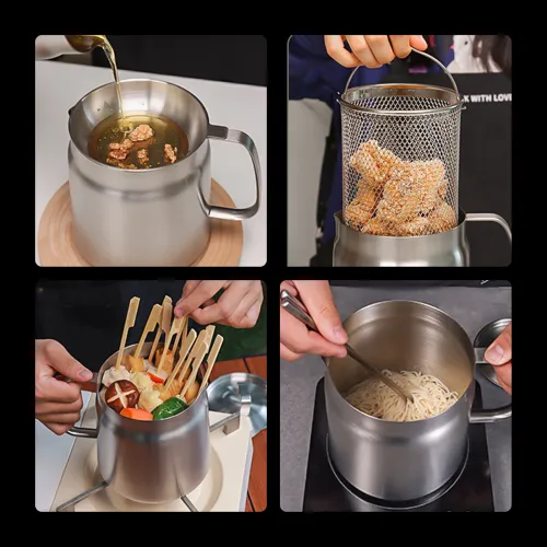 68 oz (approx. 2L) 304 Stainless Steel Deep Fryer Pot (with Frying Basket and Strainer) – Large-Capacity Kitchen Oil Bacon Grease Storage Container – Suitable for Frying, Cooking, and Camping – Features Oil Filtration – Dishwasher Safe