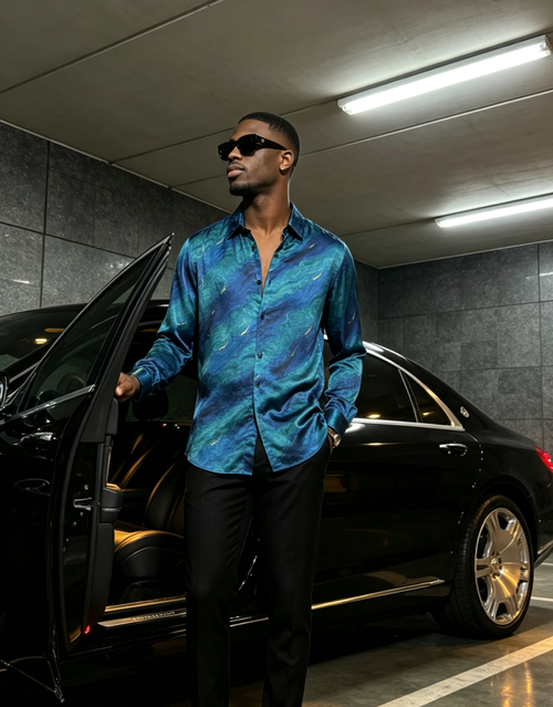 Men Satin Long Sleeve Button‑Down Printed Casual Shirt