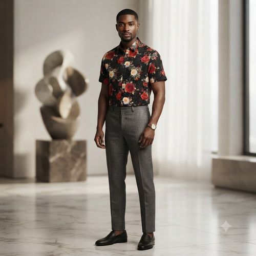 Bright red rose-print ice silk shirt