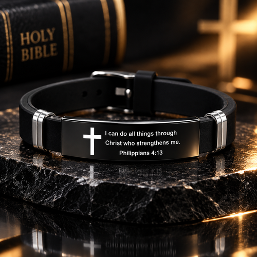 Christian Cross Bible Verse Bracelet Black Stainless Steel Inspirational Faith Bracelets For Men Women Jewelry