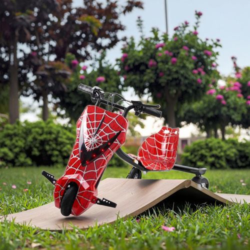 Three-wheeled electric drift scooter, suitable for children and adults, equipped with LED lights and Bluetooth functionality.