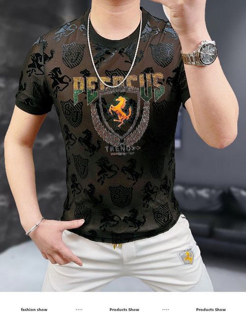 Men's Short-Sleeve Crew-Neck T-Shirt with Warhorse Motif, Iridescent Crystals, and Flocked Jacquard Detail