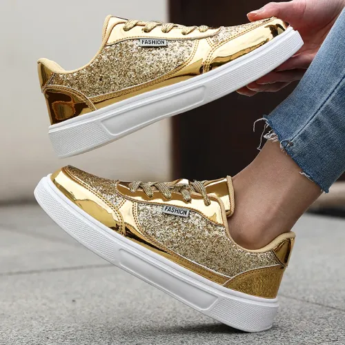 Fashionable Casual Sports Shoes Walking Gold Flat Vulcanized Shoes Lace up anti slip training sports shoes