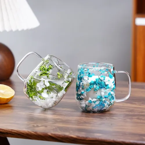 Transparent Double Glass Flower Tea Cup