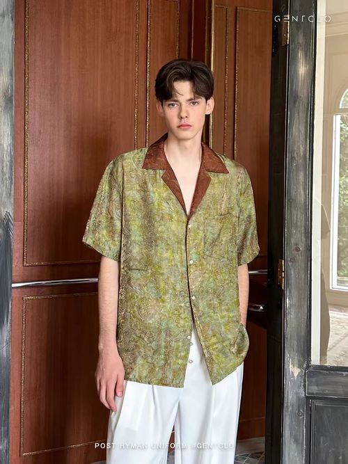 Withered Wood Meets Spring  Green Jacquard Summer Shirt