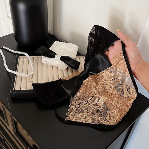 Women sexy Low Rise Mesh Briefs with Cutouts Lace Up Detail and Large Bow Accent