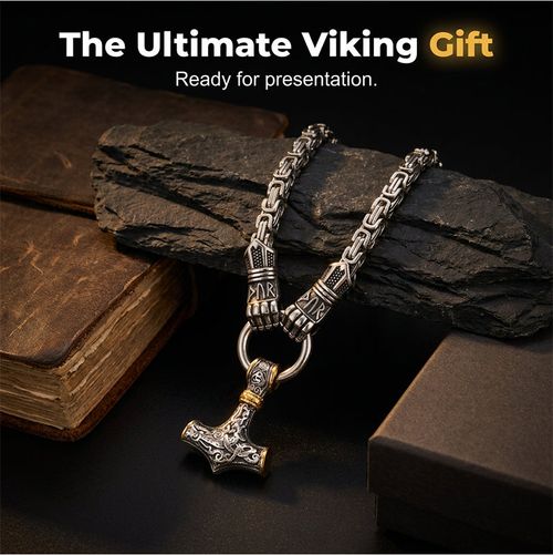 Viking Thor Hammer Pendant Necklace Stainless Steel Byzantine Chain