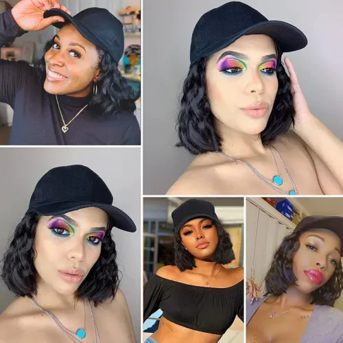 8inch Synthetic Hat Wig Hairpiece for Women Baseball Cap with Short Wavy Curly Hair Extensions Adjustable Hat for Women Daily