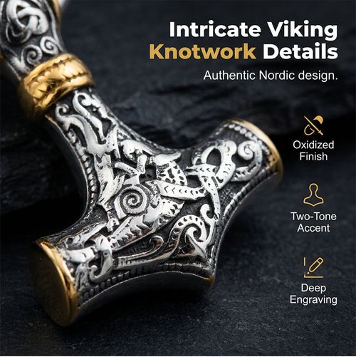 Viking Thor Hammer Pendant Necklace Stainless Steel Byzantine Chain