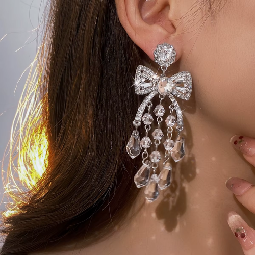 Silver Needle Diamond Glass Bow Fringed Earrings Light Luxury Premium Earrings Fashion Exquisite Versatile Commuter Earrings