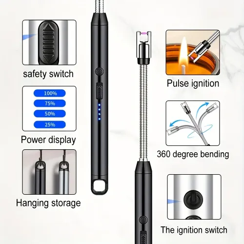 Electronic lighter, USB rechargeable electronic lighter with battery indicator and intelligent power-off function, 360° flexible neck, suitable for candles, gas stoves, cooking, and camping.