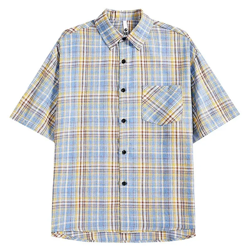 Retro Cleanfit Plaid Short Sleeve Shirt Men Summer Loose Casual Brushed High Street Checkered Shirt Trendy Polyester