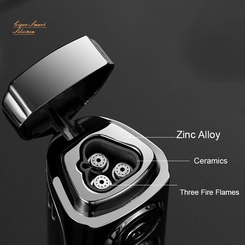 Triple jet flame cigar lighter with three-in-one metal touch sensor.