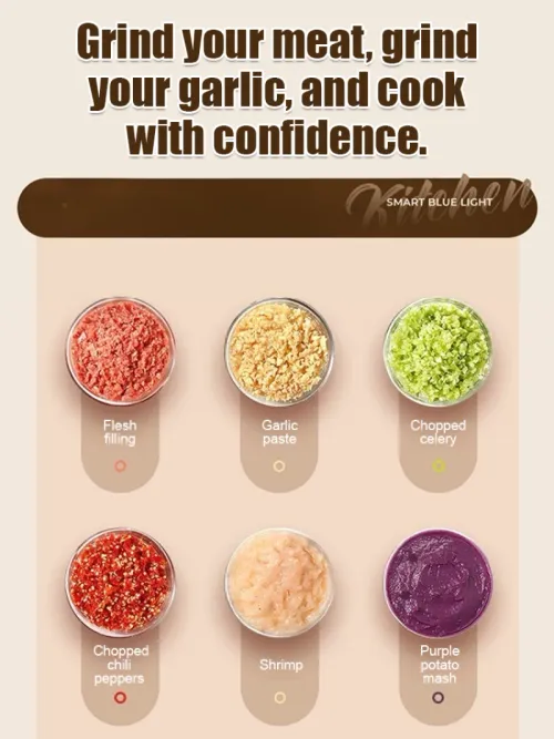 small electric meat grinder,Electric garlic grinder,  minced meat, chili, ginger garlic, black pepper, glass bowl are healthier