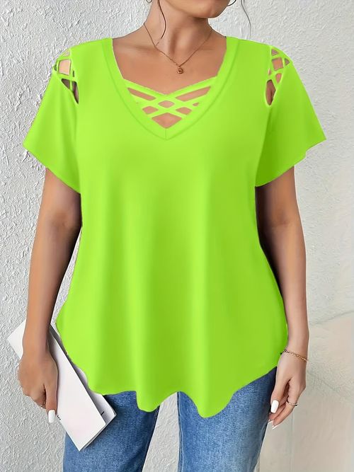New Arrival🔥Elegant Women's Plus Size V-Neck Short Sleeve T-Shirt, Solid Color Cross Strap Detail, Casual Fashion Top for Ladies