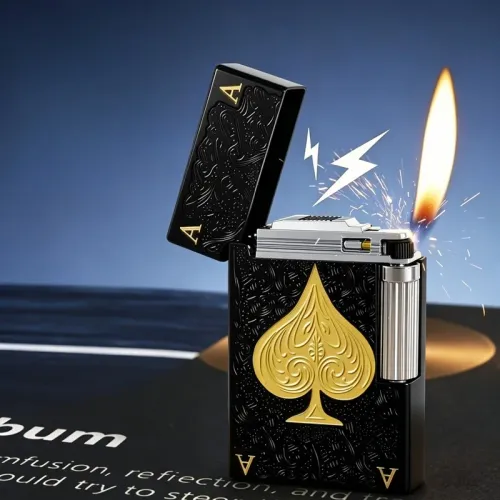 Metal Side Sliding Granding Wheel Inflation Soft Flame Impact Butane Lighter Ping Sound Lucky Poker Cigarette Lighter Smoking (NO GAS)