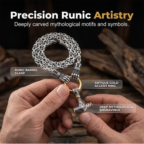 Viking Thor Hammer Pendant Necklace Stainless Steel Byzantine Chain