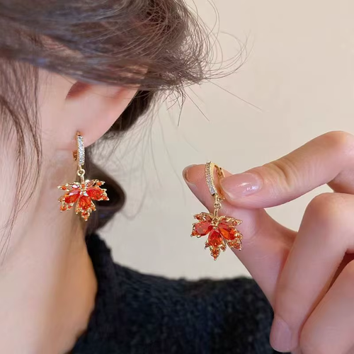 3pcs Original Design Shiny Red Natural Zircon Maple Leaf Earrings For Women Fashion 585 Rose Gold Color