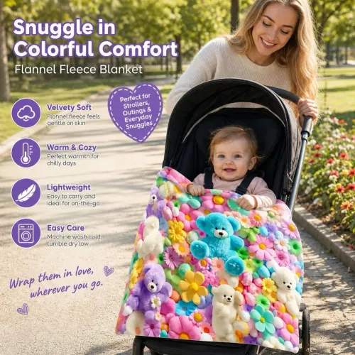 Teddy Bear Flannel Nap Blanket Floral Egg Pastel Print Flannel Blanket Soft Comfortable Air Conditioning Blanket