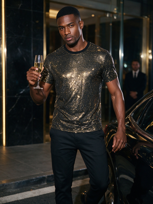 Black Gold Sparkle Diamond, Party Night Scene, Stage Style Trendy Men's Wear