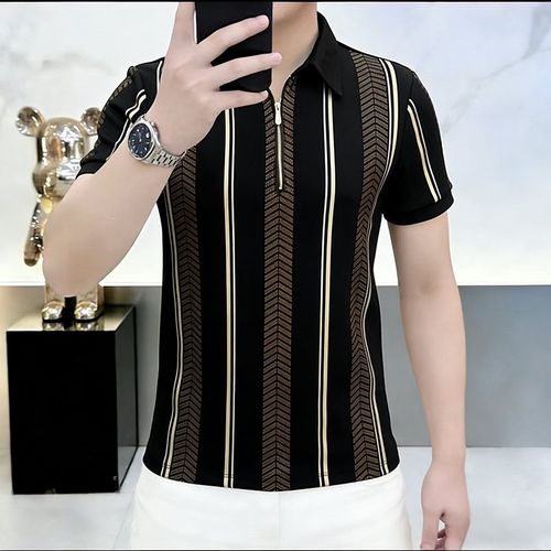 New Men's Black and Gold Striped Short-Sleeve Polo Shirt
