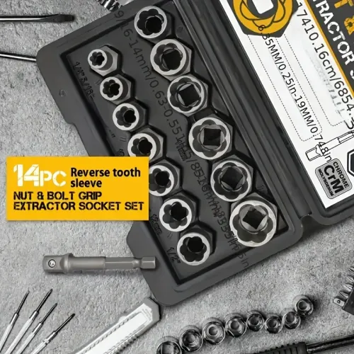 14-Piece Cr-Mo Steel Impact Bolt Nut Remover Set with Solid Storage Case for Industrial Use Bolt Extractor Tool Set
