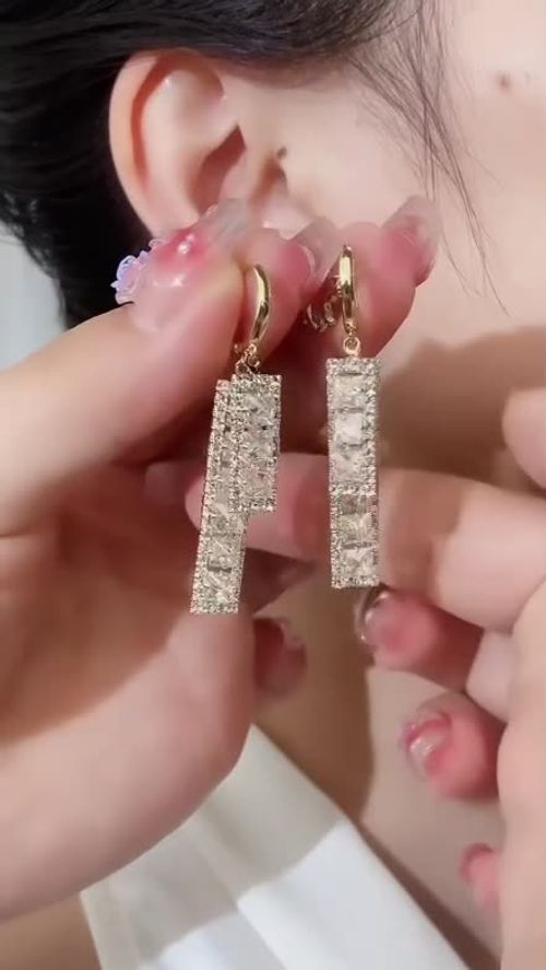 Fashionable luxury gold-plated rectangular diamond double zircon earrings rectangular crystal square zircon tassel earrings