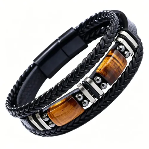 🔥Versatile Vintage Leather Bracelet 📿 Braided Layered Tiger Eye Stone Wristband